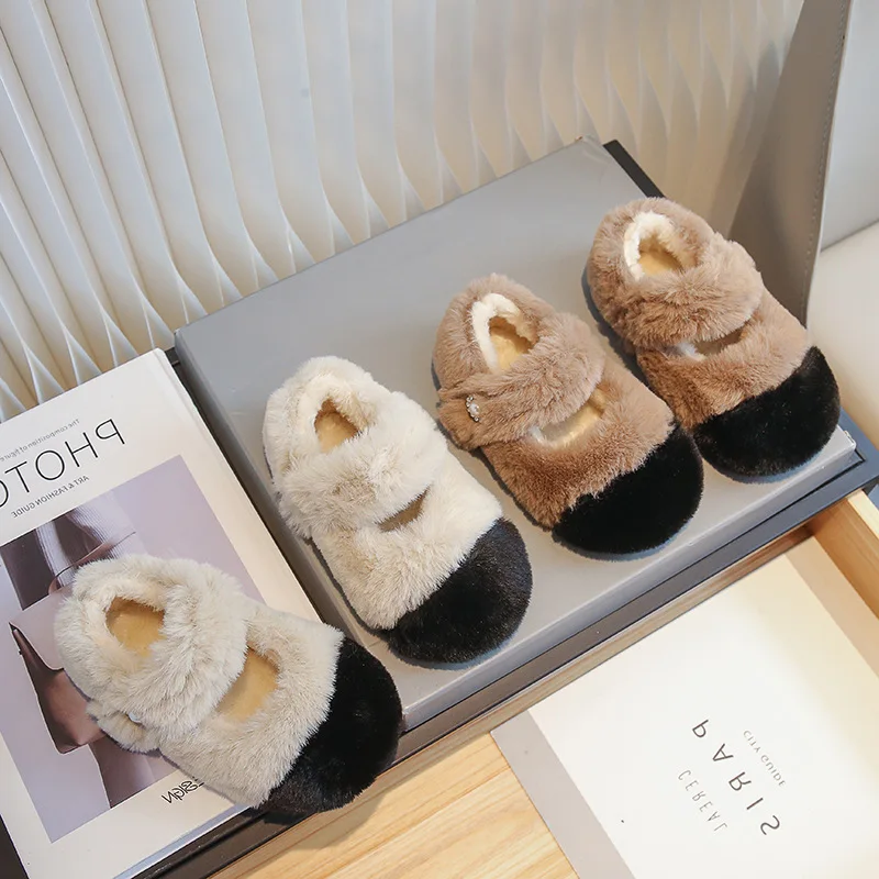 Winter Fur Girls Shoes Fashion Children Princess Flat Shoe Korean Plush Warm Kids Shoe Shallow Mary Janes Chaussure Enfant Fille