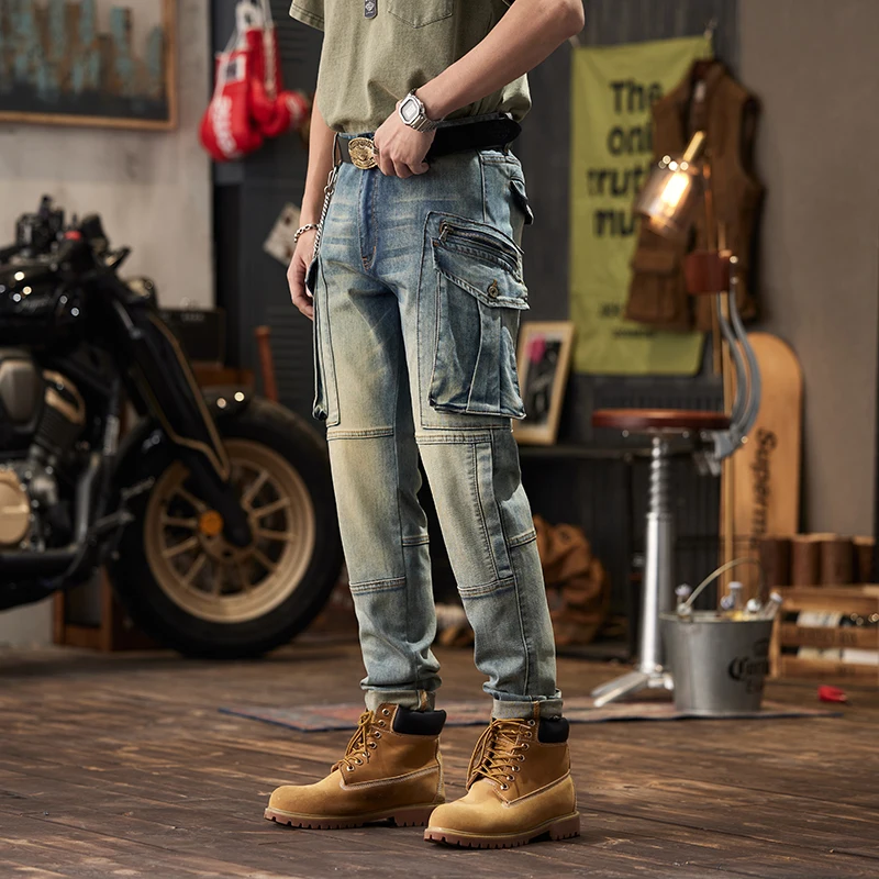 Workwear Design Jeans Herren Motorrad Mode Mode elastische Slim Fit Multi-Pocket Vintage Distressed Skinny Hose