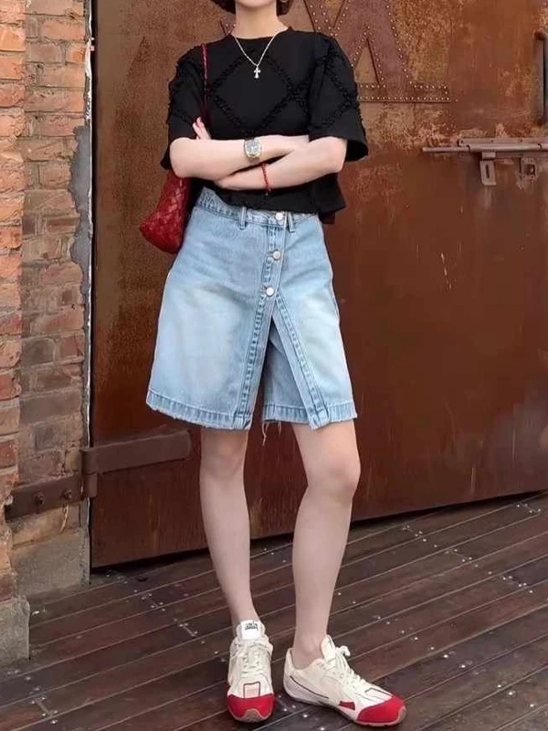 Hoge taille blauwe A-lijn denim orts dames zomer plus maat rechte pijpen wijde pijpen vijfkwartlengte jeans