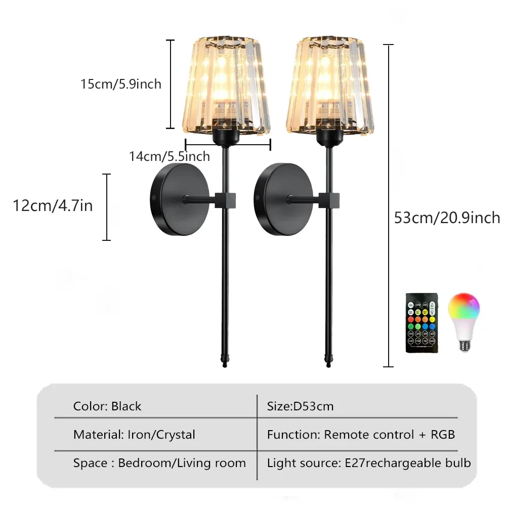 DARHYN Wiederaufladbare Wandleuchte, Kristallglas, RGB, wiederaufladbar, E27-Glühbirne, dimmbar, für Wohnzimmer, Schlafzimmer, Flur, Hotel, LED-Umgebungsbeleuchtung 4