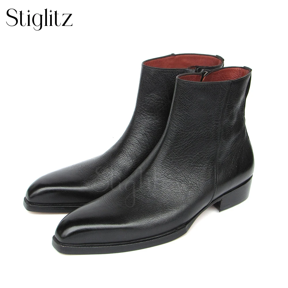 Black Leather Side Zipper Boots Classic Concise Style Ankle Boots for Men Genuine Leather Handmade Shoes for Wedding and Parties