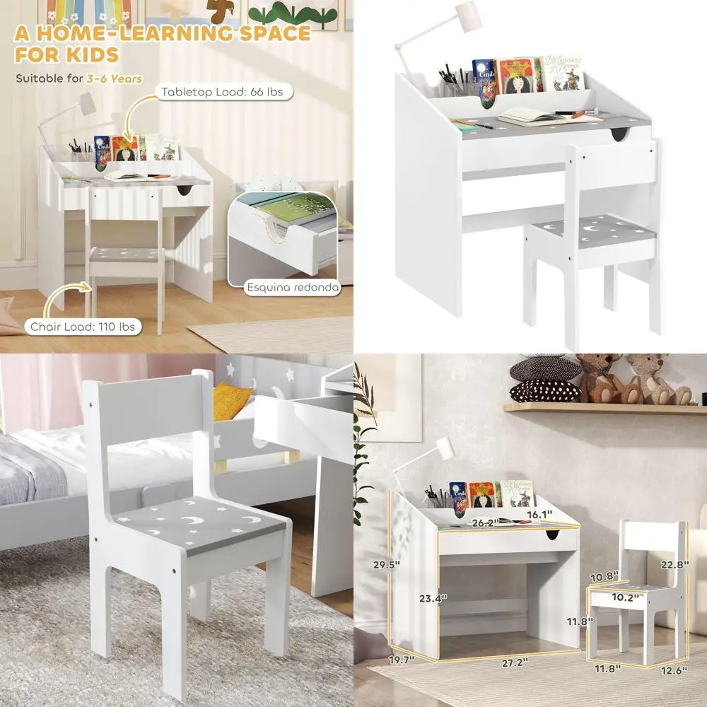 

Children's Study Desk with Storage Drawers, Starry Night Design, Suitable for Ages 3-6, Gray
