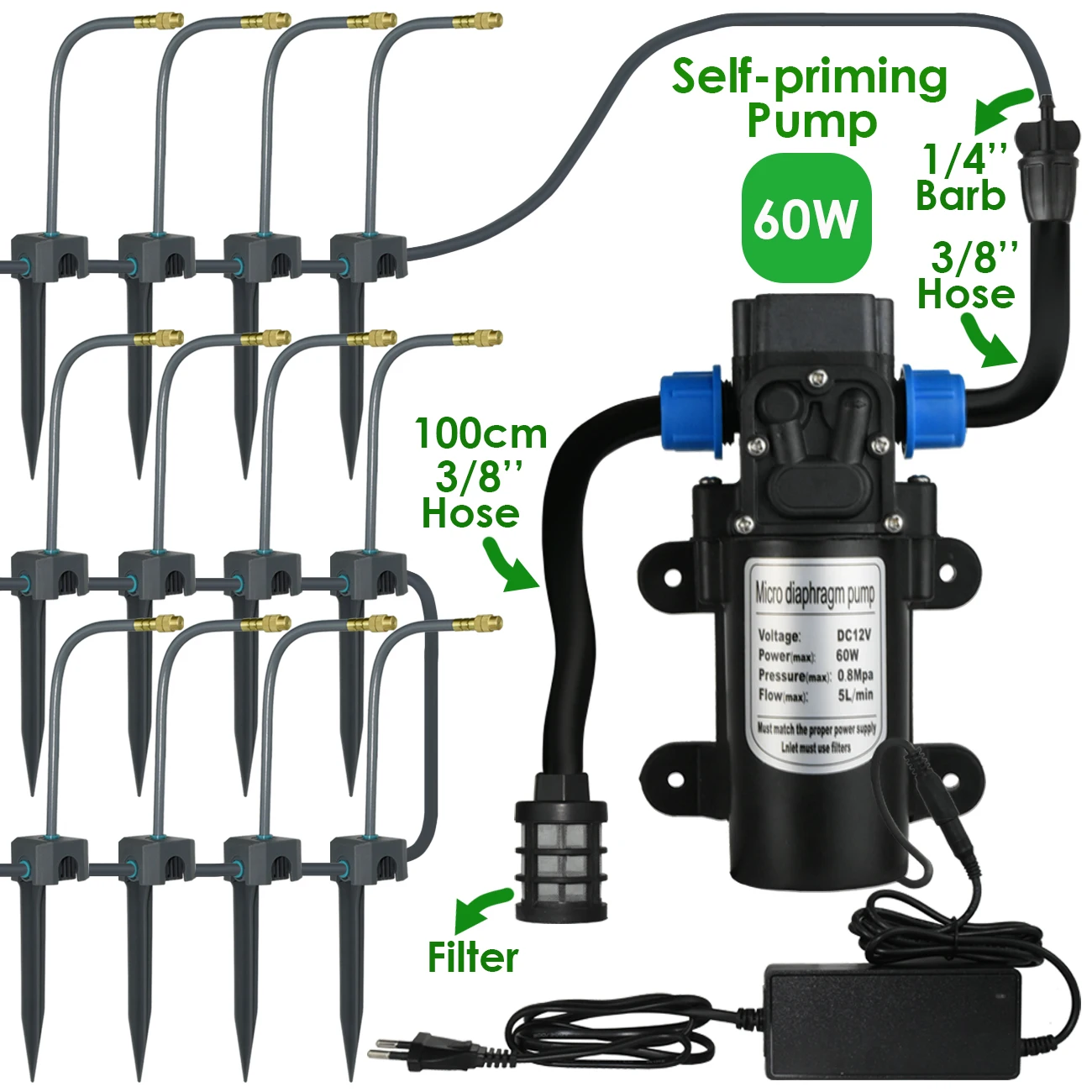 Garden Misting Cooling System 5-30M Self-priming Pump Irrigation Kit 360° Brass Nozzle Socket Timer Quick Push Connector Flowers