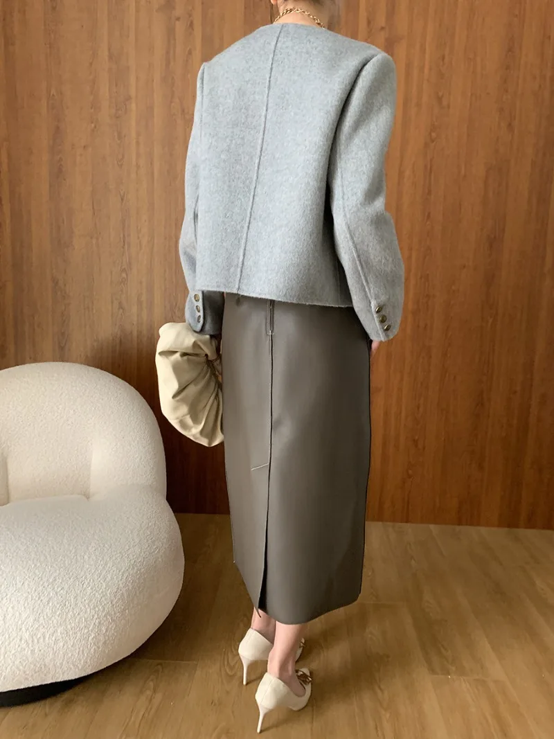 Vintage Office Lady PU Leather Skirts High Wasit Slim Midi Length Jupe 2024 Fall New Korean Chic Elegant All-match Casual Faldas