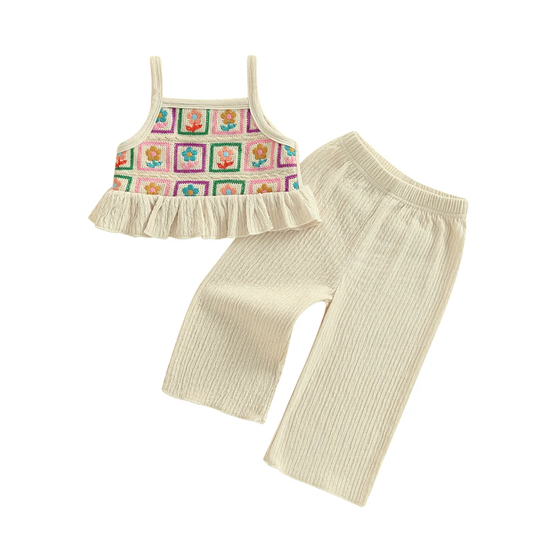 

Toddler Baby Girl Summer Outfit Flowers Pattern Ruffled Spaghetti Straps Sleeveless Tops and Wide-Leg Pants 2 Pcs Set