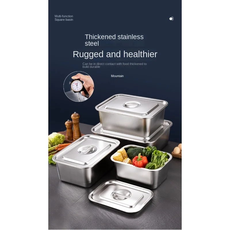 Stainless Steel Rectangle Storage Tray Deepened Serving Dishes Buffet Fruits Plates Square Freezer Basin Kitchen Accessories