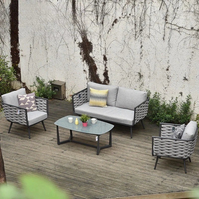 Villa outdoor courtyard metal sofa hotel homestay terrace rattan chair coffee table furniture four-piece outdoor sofa