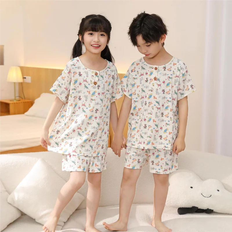 Children\'s Pajamas Homewear Set Girls Boys Summer Short-Sleeved Round Neck Pullover Comfortable Skin-Friendly Cute Homewear Set