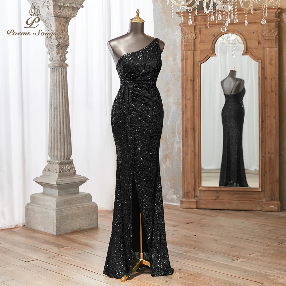 Elegant Black Sequin Evening Dress with One-Shoulder Design and High Slit vestidos de noche Perfect for Formal Events