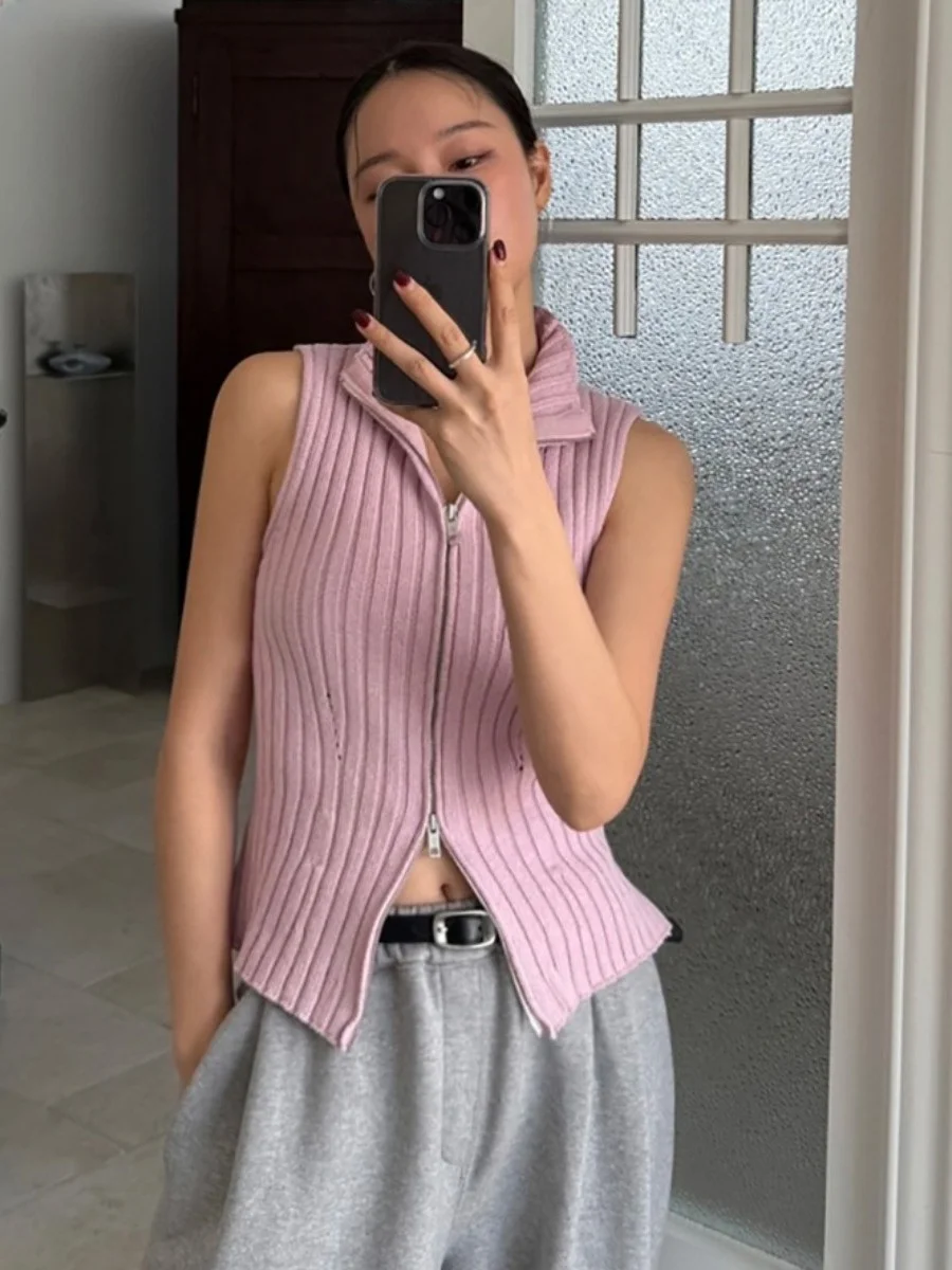 

Faionable Autumnal Zipper Ne Sweater Vest Women's Stand Collar Pleated Design Anti-Aging Vest Sweater New Arrival 2025