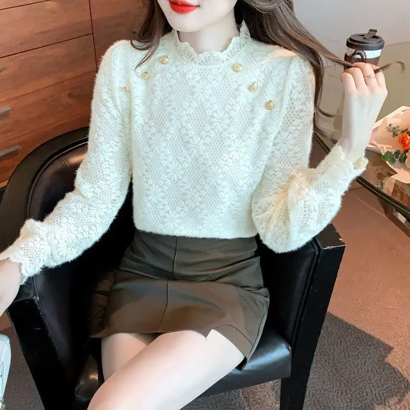 New Autumn Winter Vintage Korean Style Elegant Chic Lace Sweet Basic T Shirt Women Casual Solid Half High Collar Long Sleeve Top