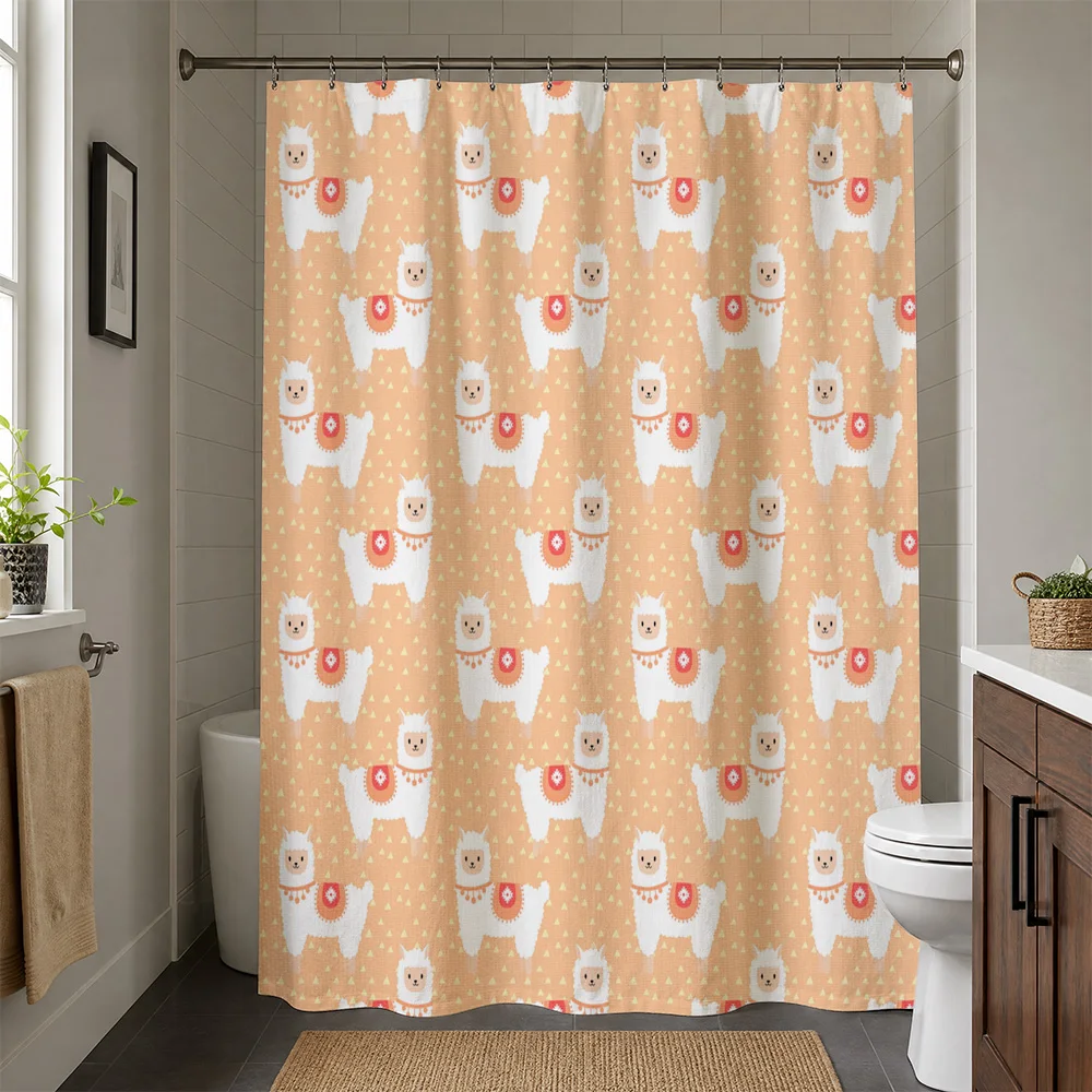 Cute Llama Alpaca Shower Curtain Waterproof Bathroom Curtain Liner Orange Tan Boho Animal Pattern Home Decor Shower Screen