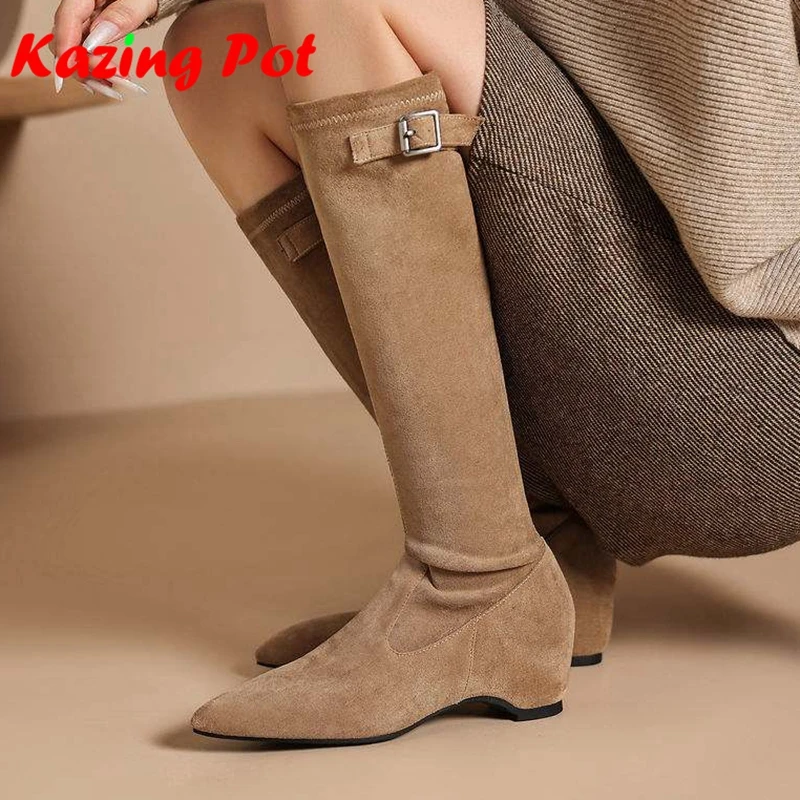 Krazing Pot New Flock Pointed Toe Thick Heels Knight Riding Boots Big Size 43 Causal British School Solid Color Thigh High Boots