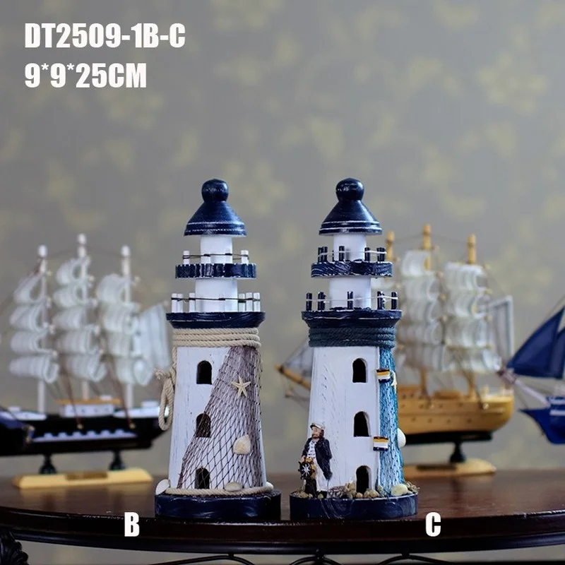 

25CM Mediterranean Home Decor Nautical Wooden Sailing Ship Crafts Lighthouse Iron Wedding Decoration Led Holder Handicraft