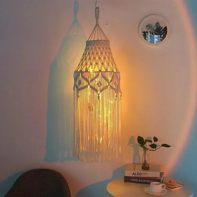 

Macrame Ceiling Lamp with Bulb Hand Knitted Lampshade Living Room Coffee Table Pendant Lamp Modern Living Room Home Decoration