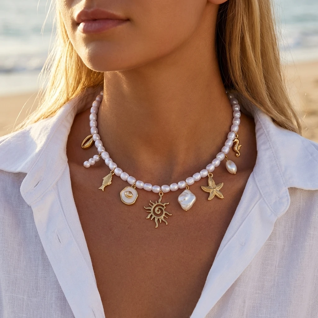 

Vacation Ocean Series Shell Starfish Conch Pendant Necklace For Women Irregular Stones Coral Pearl Choker Beach Party Jewelry