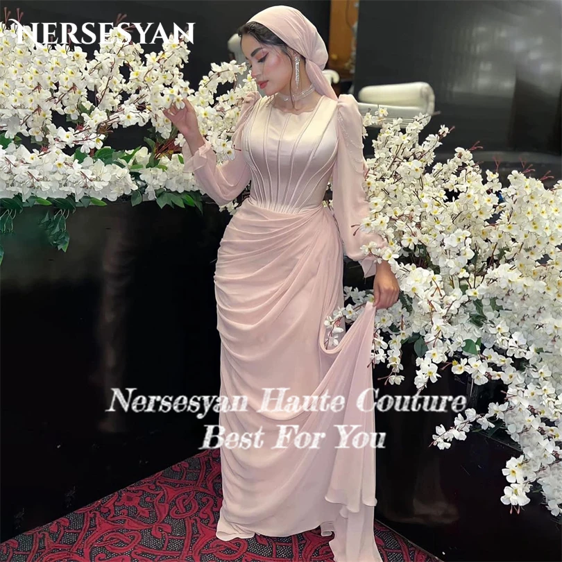 Nersesyan Vintage Pink Chiffon Formal Evening Dresses Pleated Long Sleeves Party Gowns A Line Draped 2023 Vestidos De Fiesta