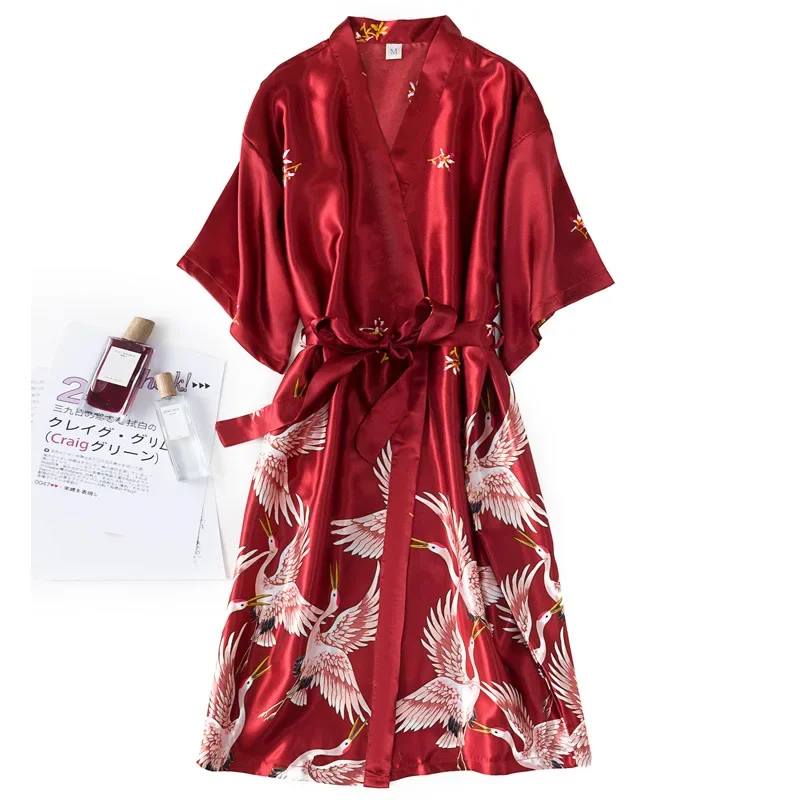 Burgundy Women Faux Silk Kimono Robe Gown Sets Sexy Print Crane Nightdress &Bathrobe Lingerie Nightgown Summer Sleepwear