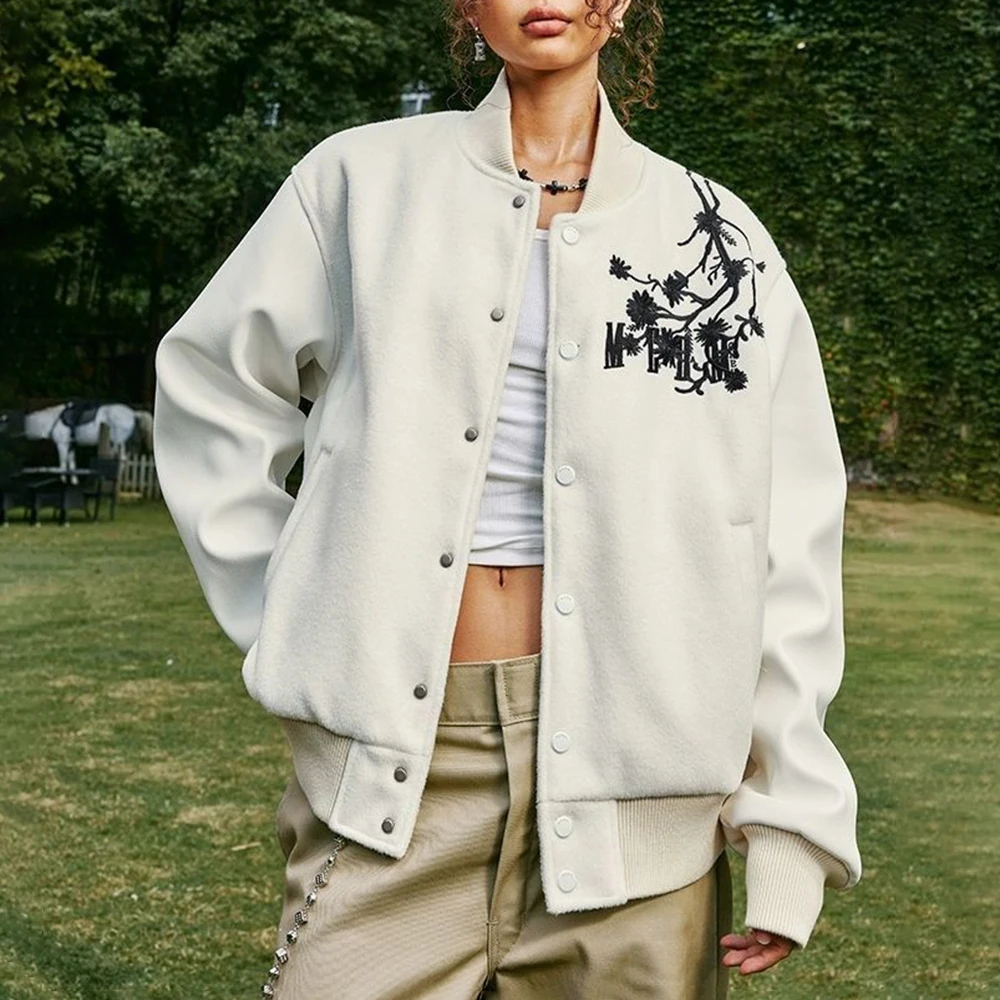 Autumn And Winter Fashion Trend Jacket Couple Coat American High Street Daisy Embroidered Baseball Jacket Coat Mens Clothing