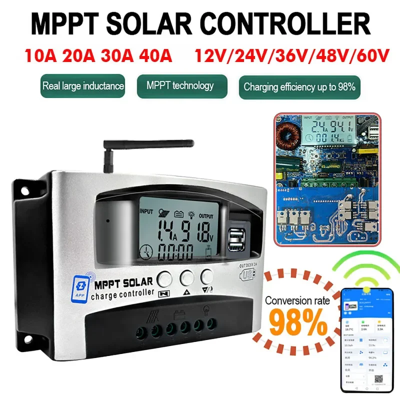 10A 20A 30A 40A MPPT Solar Panel Charge Controller 12V/24V/48V/60V LCD Digital Display Bluetooth Wifi Solar Controller Dual USB