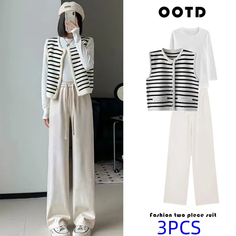 

New two piece Set Korean Popular Clothes Knitwear Sweater Cardigan Vest Long Sleeve Tops T-Shirt&Blouse Pants Sets Women's Suit