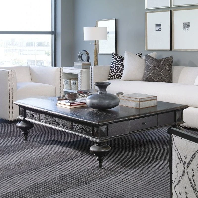 Solid wood rectangular coffee table, black small apartment living room retro old light luxury log carved tea table