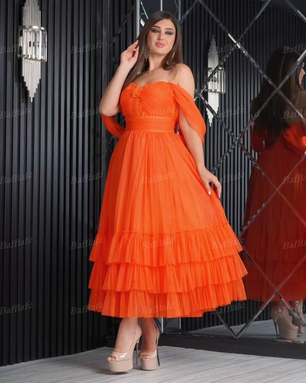 Orange Midi Prom Dresses Off The Shoulder Pleat Tiered Sweetheart Formal Evening Party Gowns Women Special Dress Customized