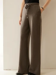 Luxury Women's 100% Cashmere Wide Leg Pants Simple Style Elasticated Waist Trousers Autumn Winter Cashmere Pants Basic Warm