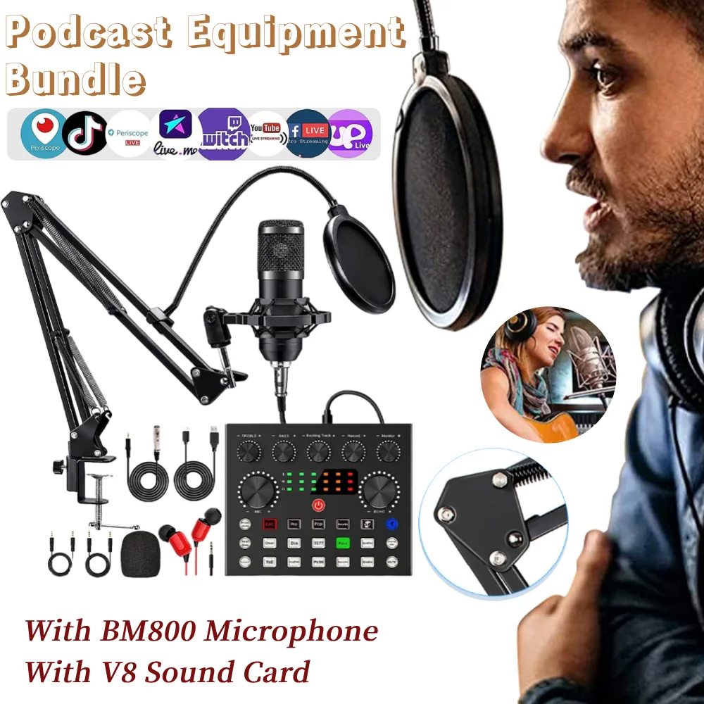 حزمة معدات البودكاست مع ميكروفون BM800/V8 بطاقة الصوت المعدنية للصدمات جبل طبقة مزدوجة مرشح البوب مثالي للبودكاست