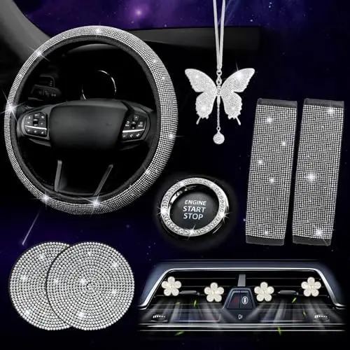 

ARTILAURA 11-Piece Bling Car Accessories Kit for Women – White Glitter Steering Wheel Cover & Decor