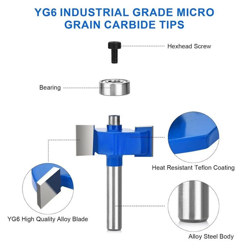 4Pcs Router Bits 1/4 Shank With 6 Bearings Set Rabbeting Router Bit For Wood Grooving With 1/2In To 1/4In Router Collet