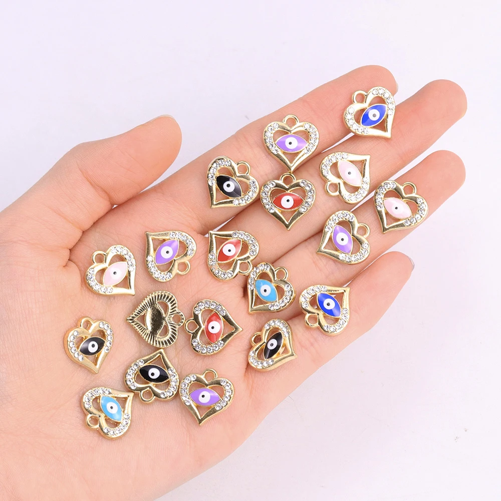 10Pcs Alloy Zirconia Turkish Greek Blue Eye Heart Pendant For DIY Evil Eye Small Charms Earrings Bracelet Jewelry Accessory Gift