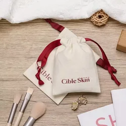 Custom Logo Natural Canvas Cotton Bag Double String Drawstring Bag  Ring Packaging Bags Wedding Party bag