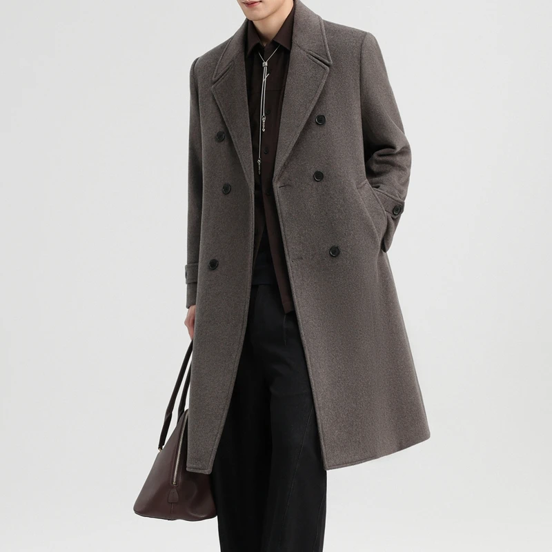 Men Wool Overcoat Old Money Look Winter Double Breasted Notched Collar Design Woolen Blend Coat Black Gray Coffee Color Topcoat