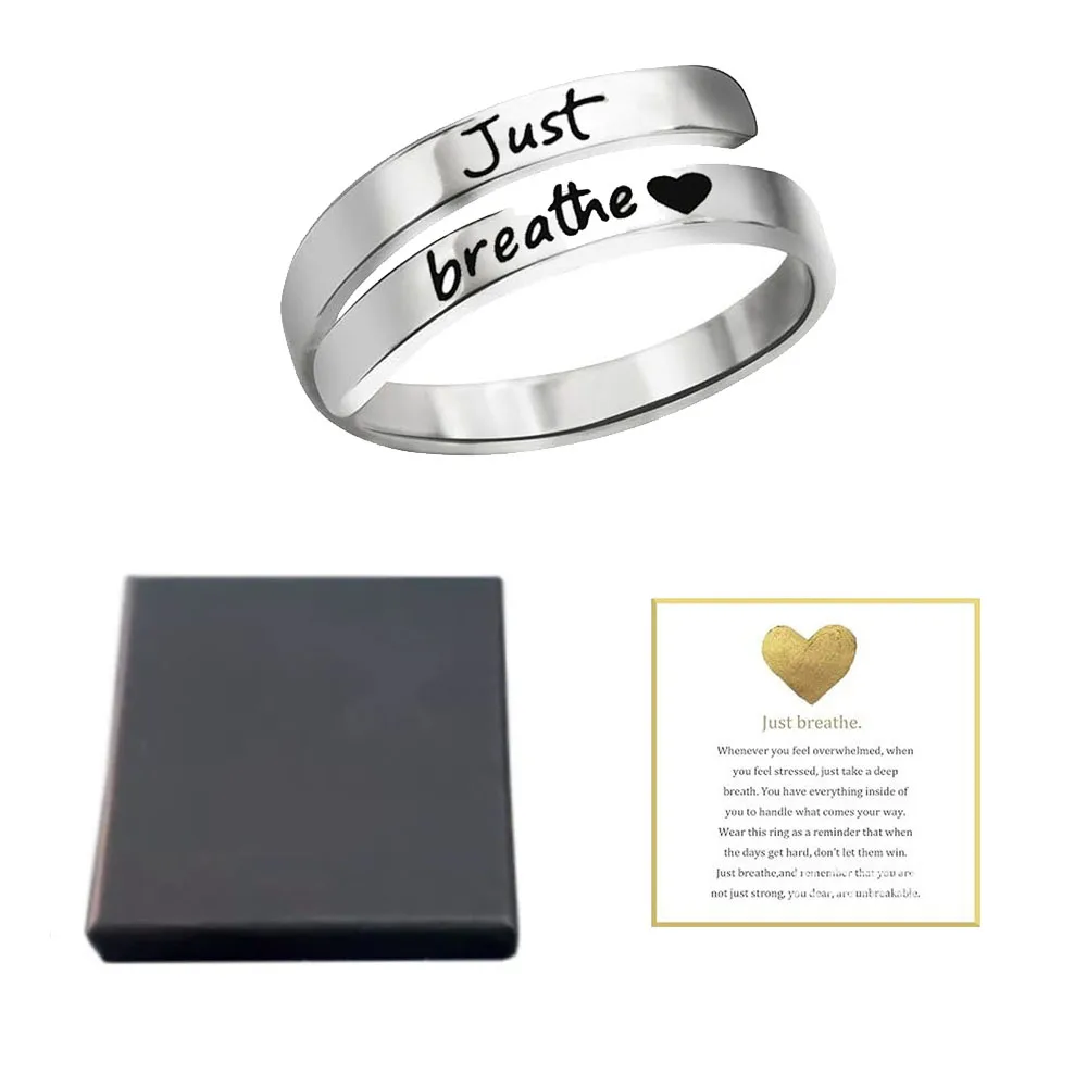 Just Breathe Ring for Women Adjustable Heart Ring Stainless Steel Spiral Wrap Healing Rings Inspirational Heart With box