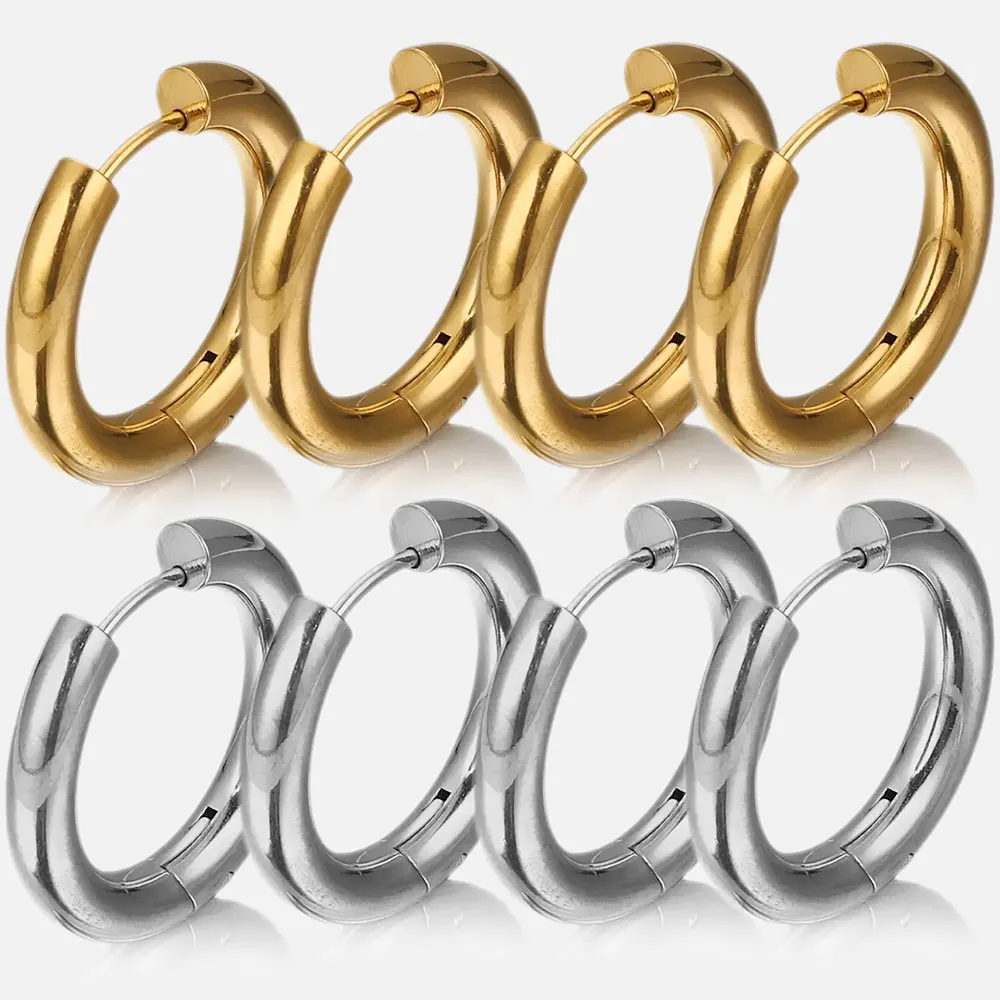 6pcs Stainless Steel 4mm Thick Earrings Gold Plated Large Round Korean Ear Rings Hoop Earring for Women Female Jewelry Luxury