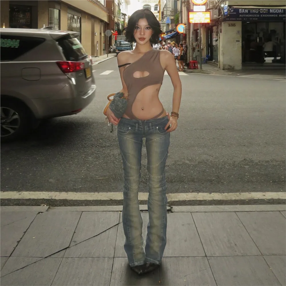 여성 의류 트렌디 빈티지 청바지 스트릿 스타일 로우 웨이스트 팬츠 슬림 롱 팬츠 여성용 패치워크 올매치 솔리드 컬러