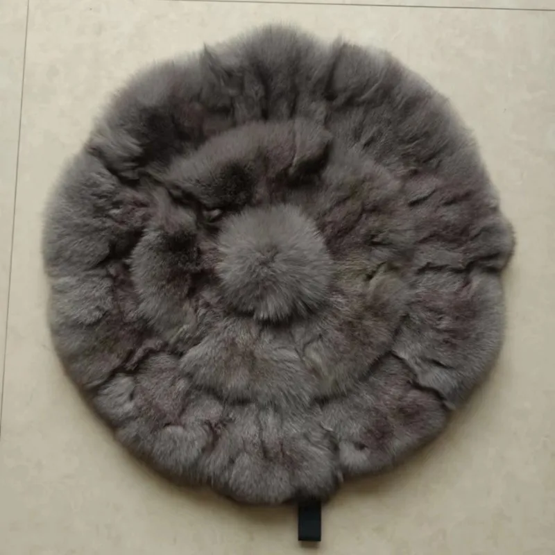 Fox Fur Chair Cushion Cover, Luxury, Natural Round Shape, Warm, Winter, Fashion, Silver, Blue