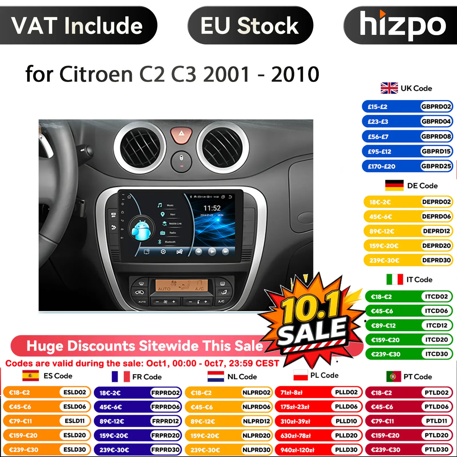 Hizpo Android Wireless CarPlay Auto Autoradio per Citroen C2 C3 2001-2010 AI Sistemi Intelligenti RDS DSP GPS FM BT SWC 360Camera