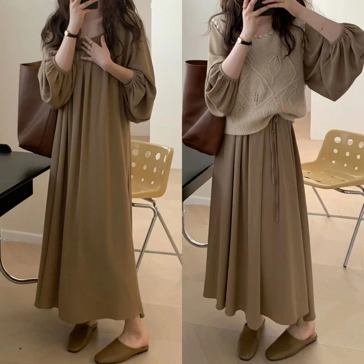 

plus Size Women's Dress Elegant Korean Style Long Slimming Skirt Casual Loose Fit High Waist Polyester Fiber Long Sleeve