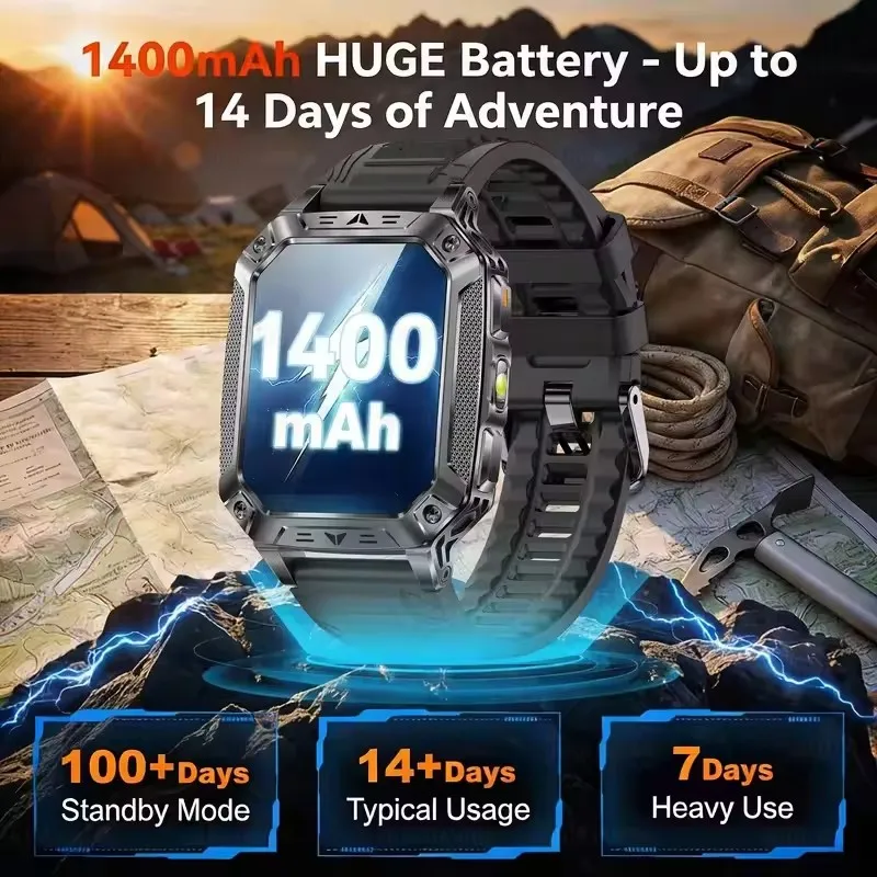 2026 New Outdoor Men Military 1400mAh Large Battery Smart Watch GPS LED SOS Flashlight BT Call IP68 Waterproof Sports Smartwatch