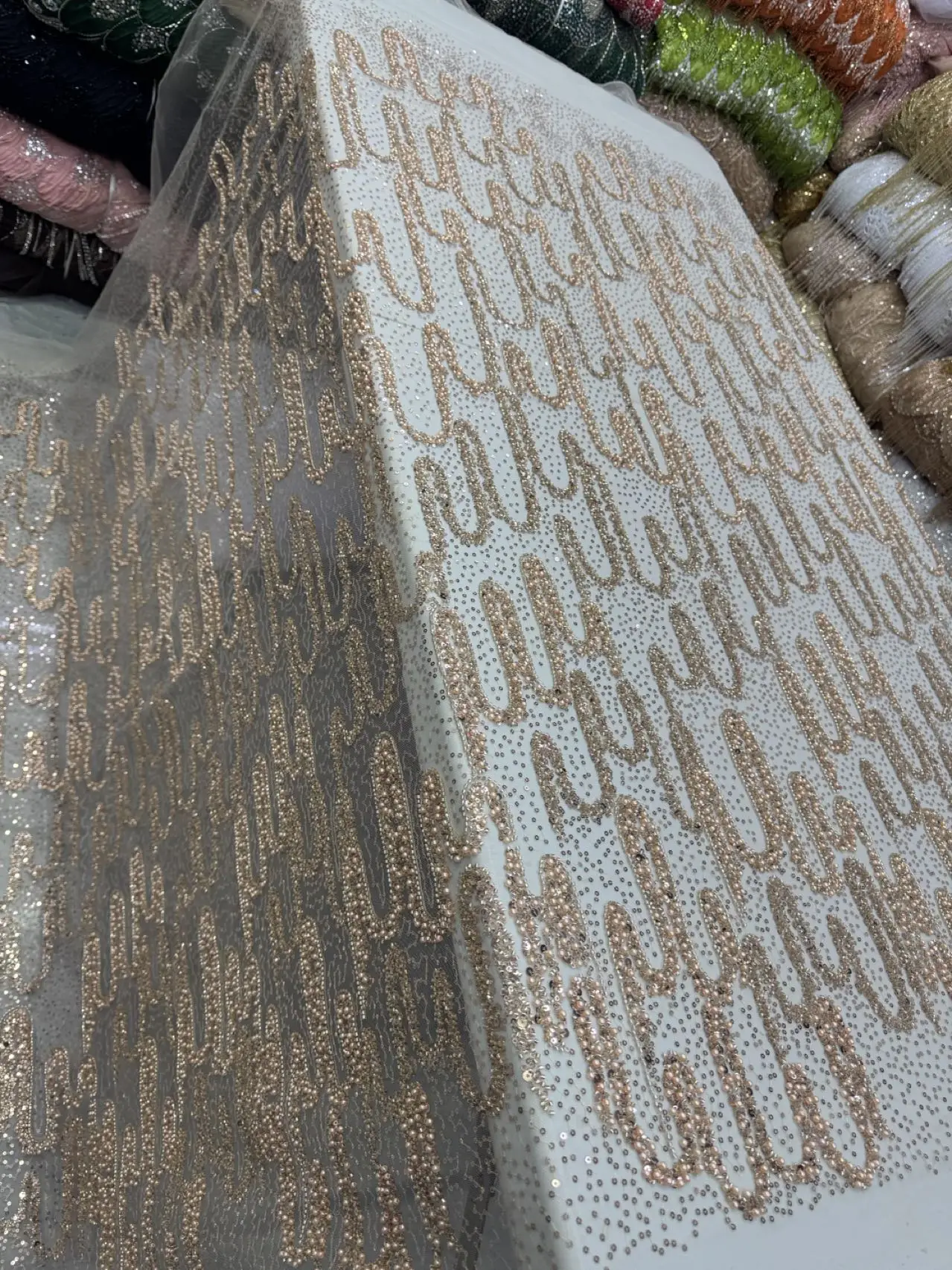 

2026 France High-End Luxury Elegant Handmade Beaded Lace Fabric Nigerian With Sequins Mesh Lace Fabric For Wedding Dress Women