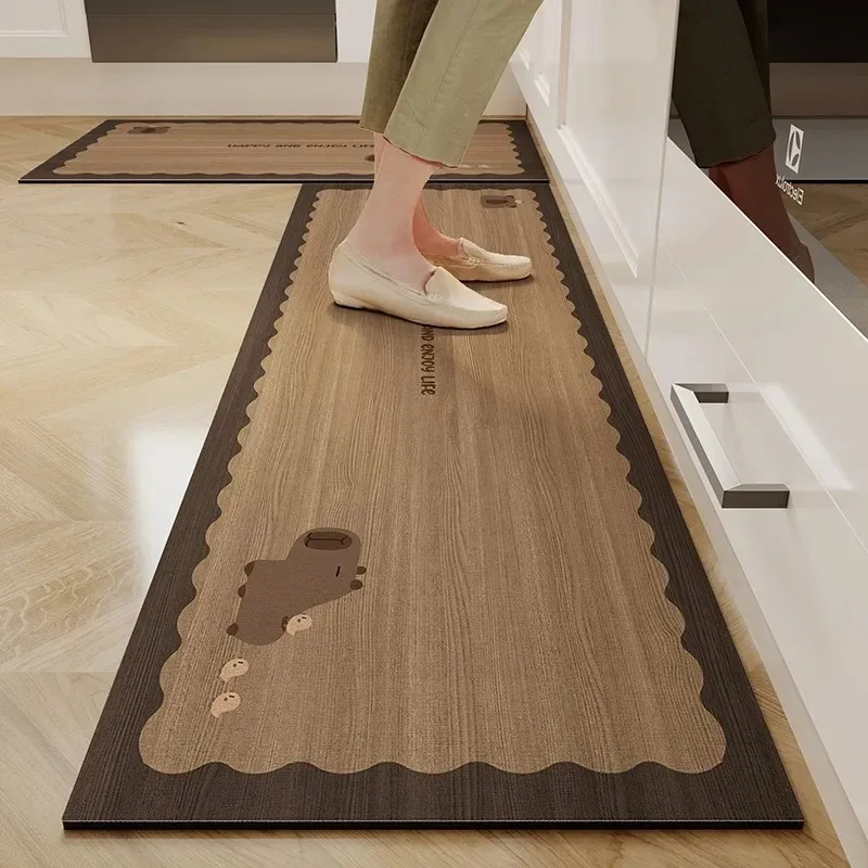 Kitchen Floor Mat Wood Grain Cartoon Pattern Carpet Anti-slip Oil-proof Rug Pvc Leather Waterproof Foot Mats Long Strip Carpets