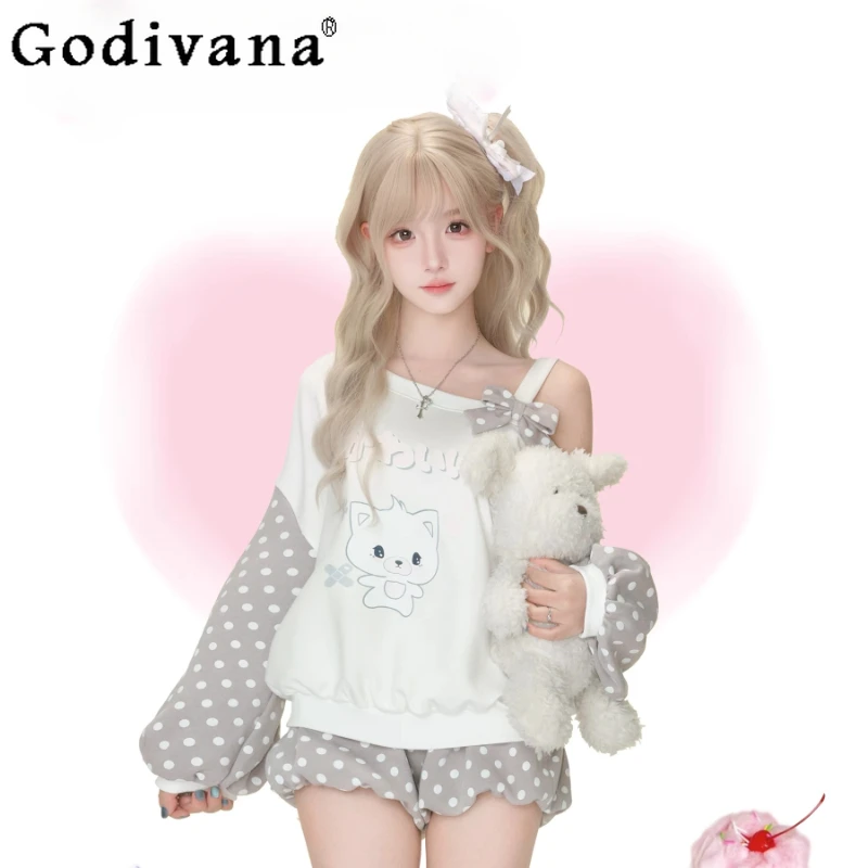 

Ladies Polka Dot Off Shoulder Top Gray Polka Dot Shorts Set Japanese High Street Sweet Suits Women's Lolita Cute Short Set