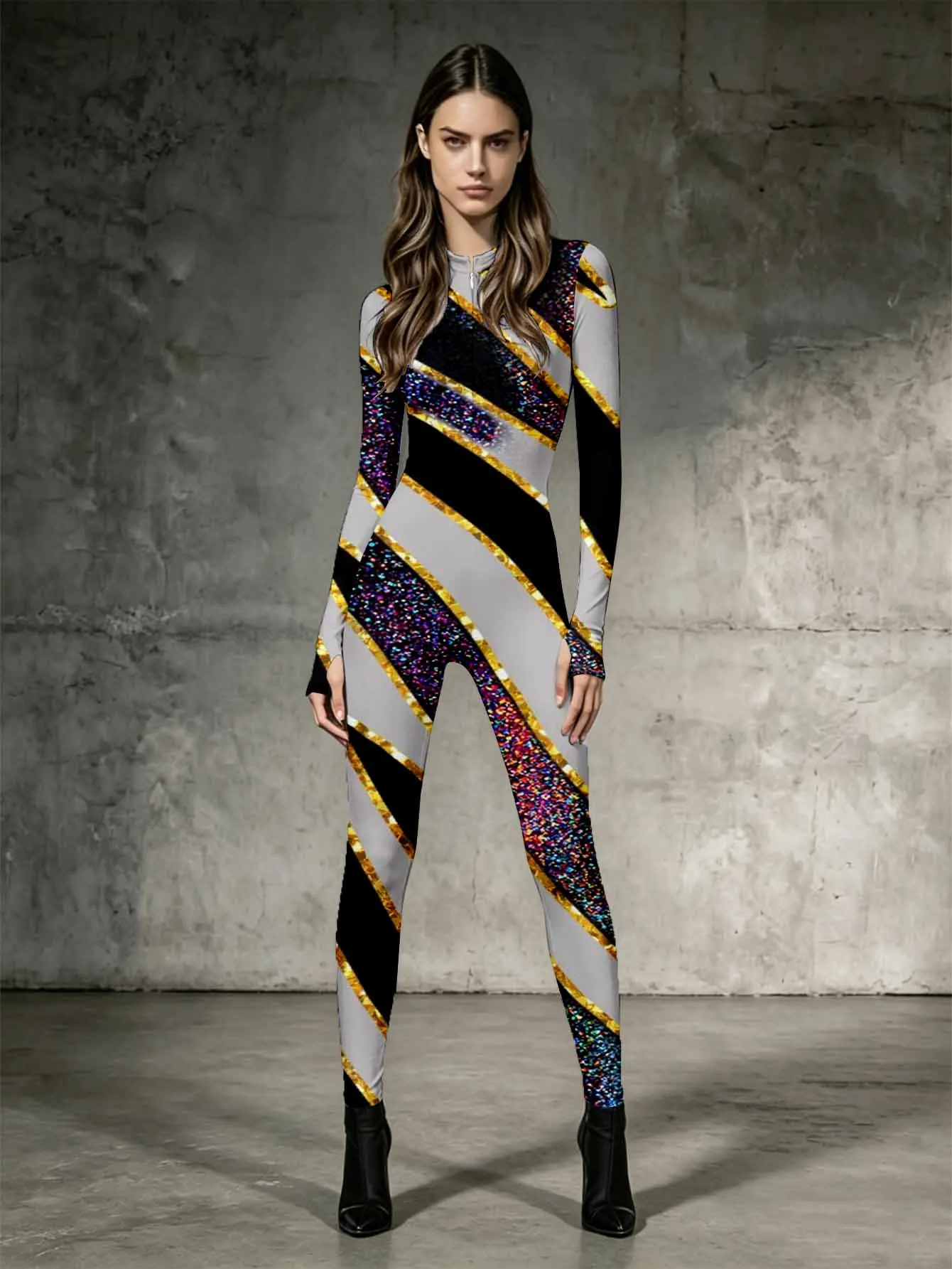 One piece cut long sleeved jumpsuit with women's stand up collar design, elastic slim fit and slimming clothing