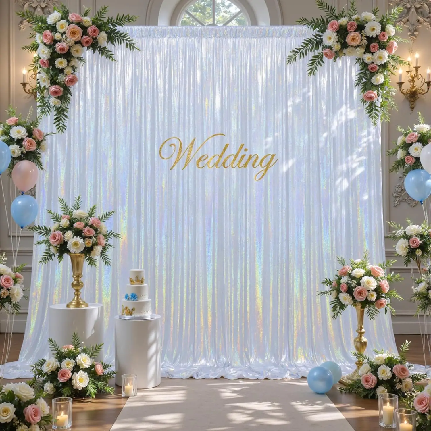 2.3x10FT Wrinkle Free Glitter 1panel Shimmer Drapes Backdrop Photo White Sequin Curtain for Wedding Party Christmas Decorations