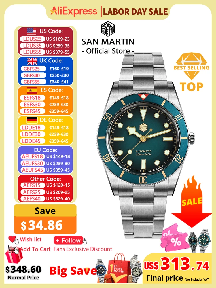 San Martin New Upgraded 37mm BB54 Vintage Men Diver Watch ST2130 Automatic Mechanical Sapphire Luminous Waterproof 200m SN0138