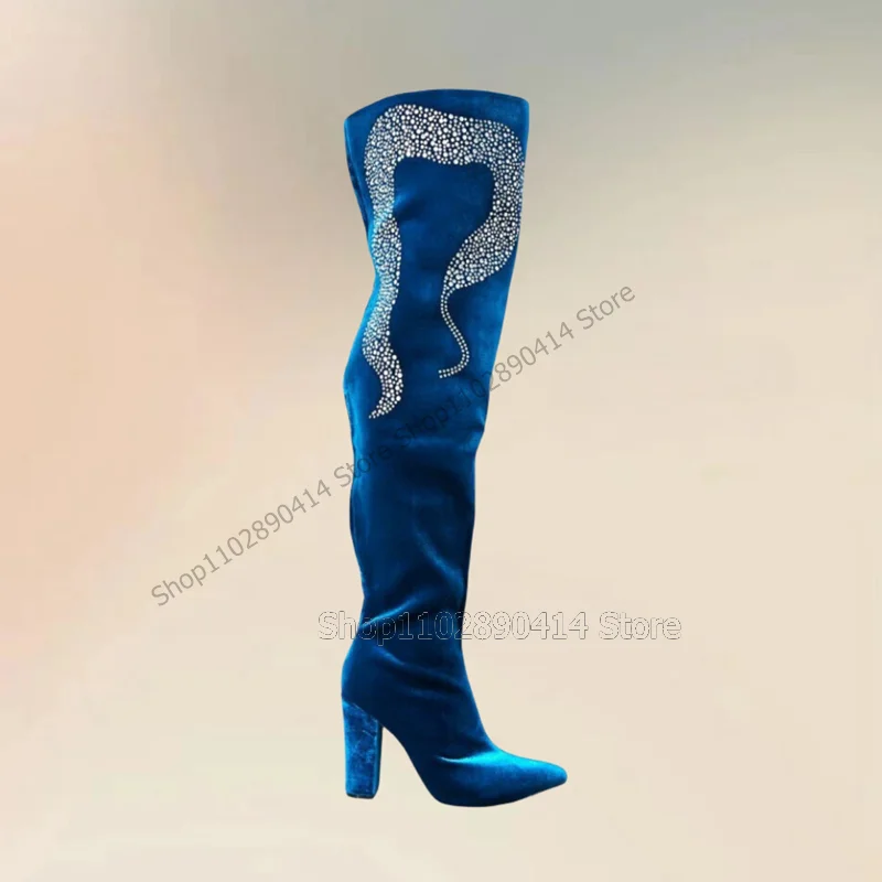 Blue Corduroy Rhinestone Decor Pointed Toe Boots Side Zipper Women Shoes Chunky High Heels New Fashion 2023 Zapatos Para Mujere