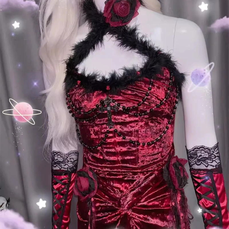 Europea American Gothic Sexy Sweet Cool Women's Dress Original Design Lace Flower Hollow Out Beaded Cardigan Coat Set Ladies