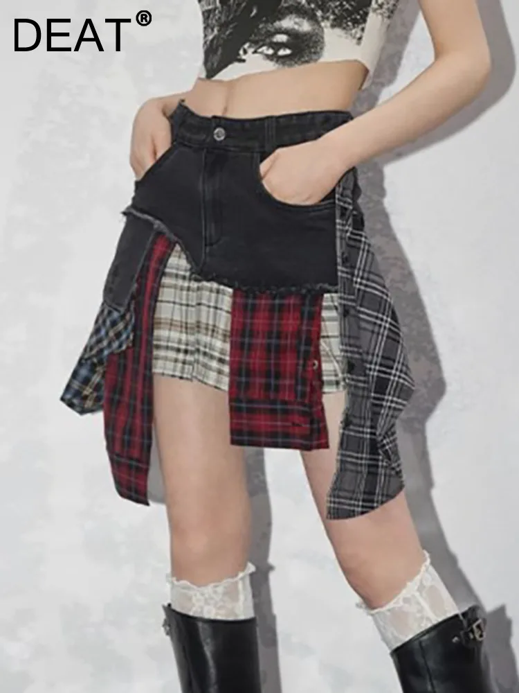 DEAT Fashion Women\'s Denim Skirt High Waist Plaid Patchwork Contrast Color Irregular Mini Skirts Summer 2024 New Tide 16U9004